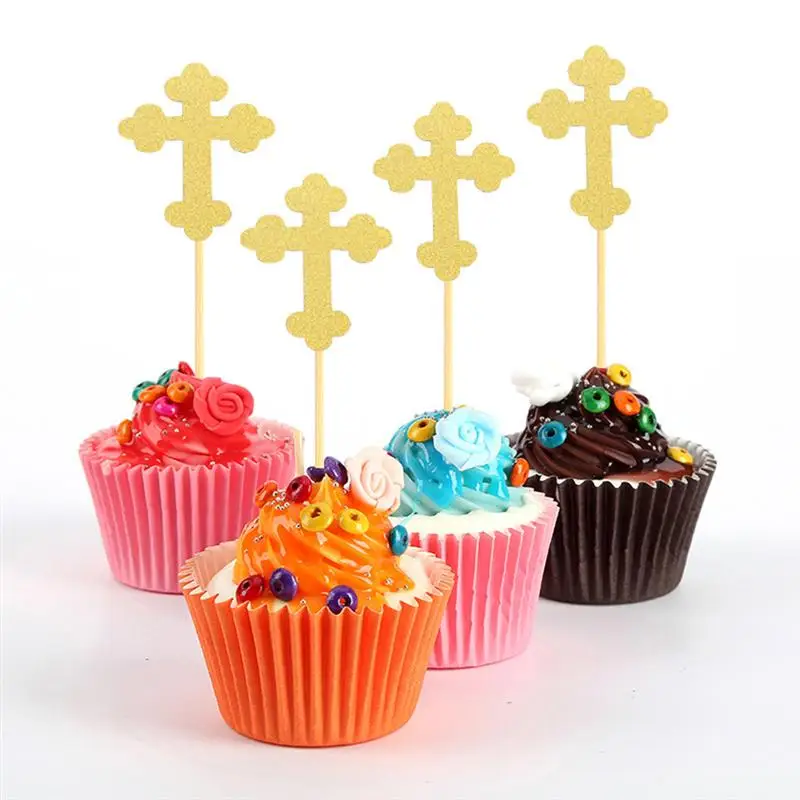 

24pcs Glitter Cupcake Toppers Golden Cake Picks Cross Shaped Shiny Cupake Picks Party Supplies Cake Toppers for Festival Party