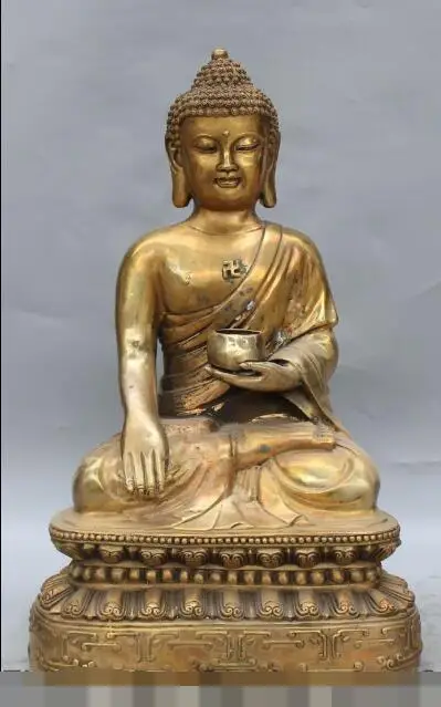 

S5202 19" Chinese Buddhism Bronze Seat Lotus Shakyamuni Amitabha Buddha Bowl Statue