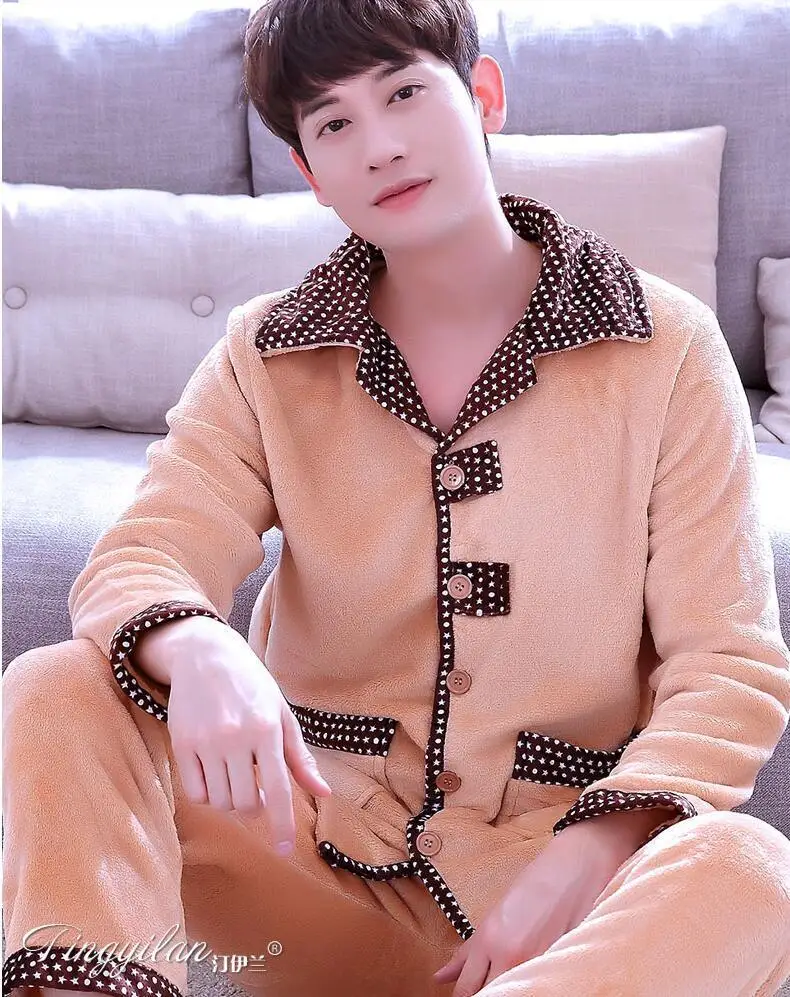 Winter Pajamas Men Thick Coral Fleece Man Pajamas Sets O-Neck Long Sleeve Pyjamas For Men Sleepwear Warm Pajamas Male Homewear - Цвет: Picture color