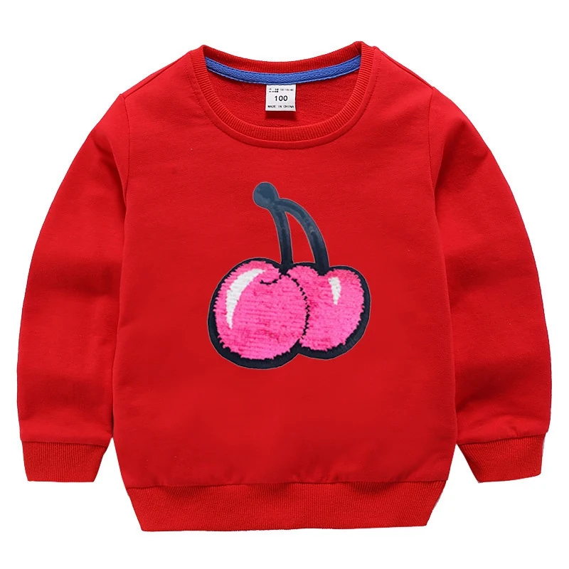 Детские толстовки с капюшоном для девочек; цвет вишни, клубники; двусторонние детские топы с блестками; осенне-зимняя детская футболка с длинными рукавами - Цвет: red