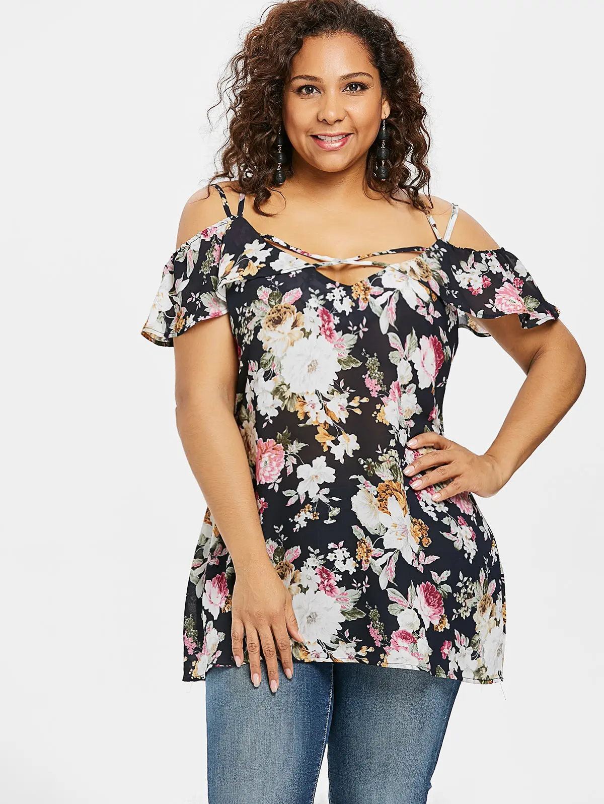 Kenancy 5XL Plus Size Flowered Strappy Chiffon Blouse