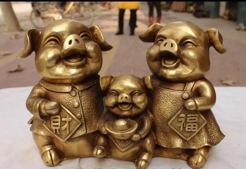 

free 10" Chinese Bronze Wealth YuanBao Pig Swine Animal Foo Statue fast