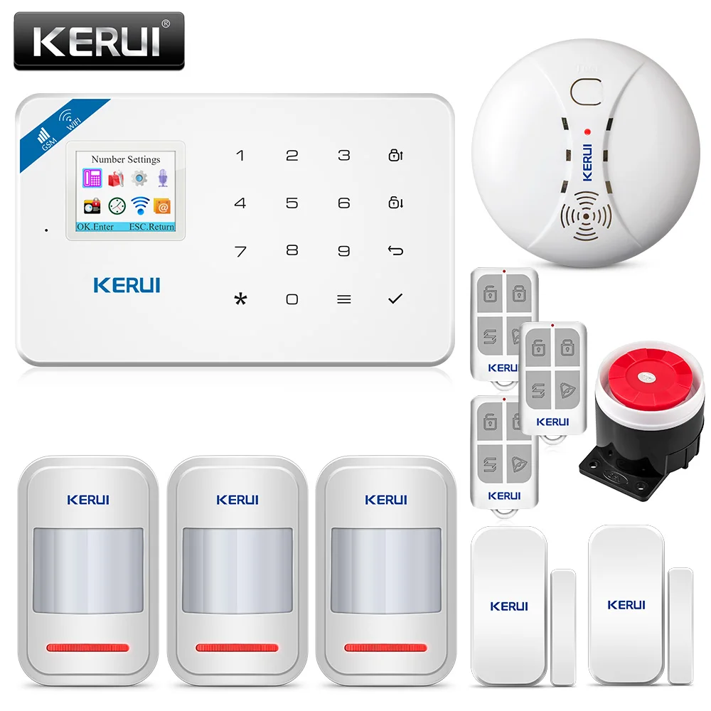 KERUI W18 pantalla TFT de 1,7 pulgadas WIFI GSM hogar sistema de alarma antirrobo Detector de movimiento APP Control Detector de humo de fuego alarma
