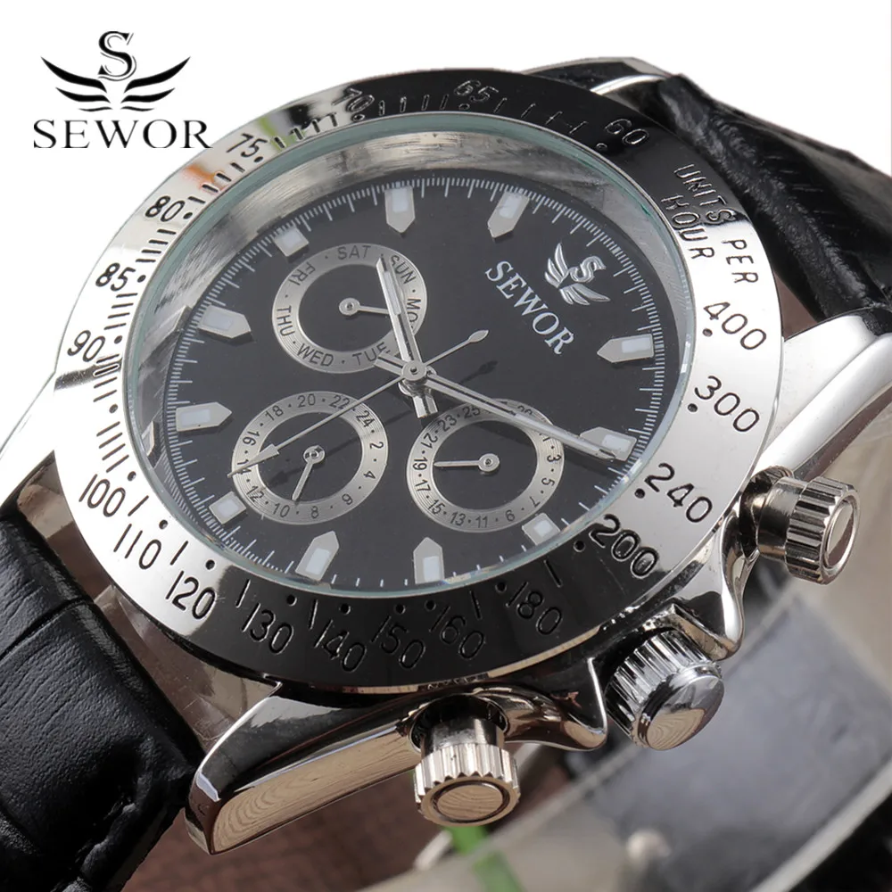

2016 Sewor Top Brand Automatic Watch Calendar Leather Band Clock Men Gift Multi Function Mens Military Mechanical Wrist Watches