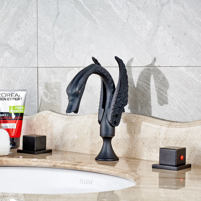 

Swan Neck Style Oil Rubbed Bronze Deck Mounted Bathroom Sink Faucet Double Handles Mixer Tap