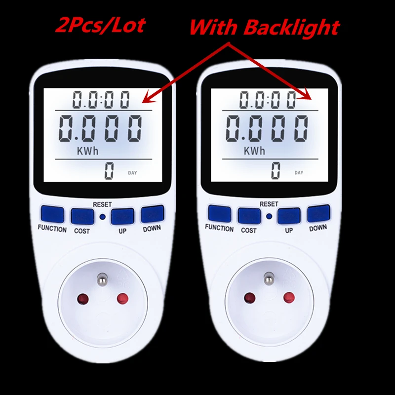 2 шт./лот FR вилка цифровой измеритель мощности Большая скидка с подсветкой счетчик энергии ваттметр кВт-ч Ток Напряжение энергоанализатор