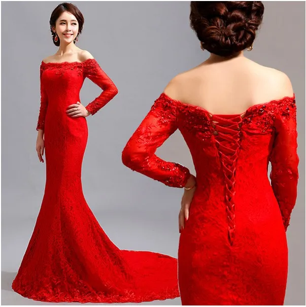 Free Shipping Red Lace Mermaid Dress Long Sleeve Maxi Off the Shoulder ...