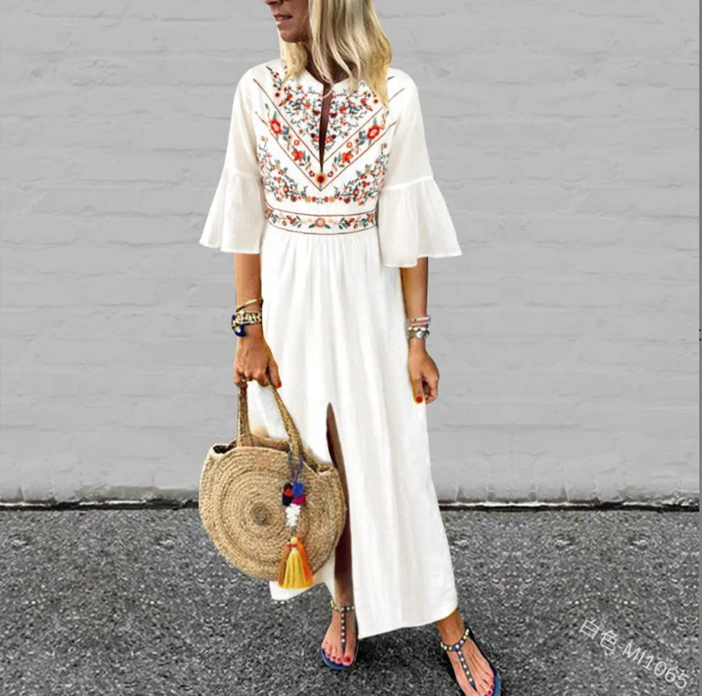 

Women's Vintage Short Flare Sleeve Printed Split Hem Maxi Dress Kaftan Dress Long Dress Women Vestido Vestidos De Fiesta Robe