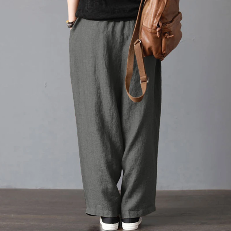 S-5XL Women Fashion Loose Long Pants Cotton Linen Solid Wide Leg Pants With Pockets Ladies Casual Summer Autumn Baggy Trousers