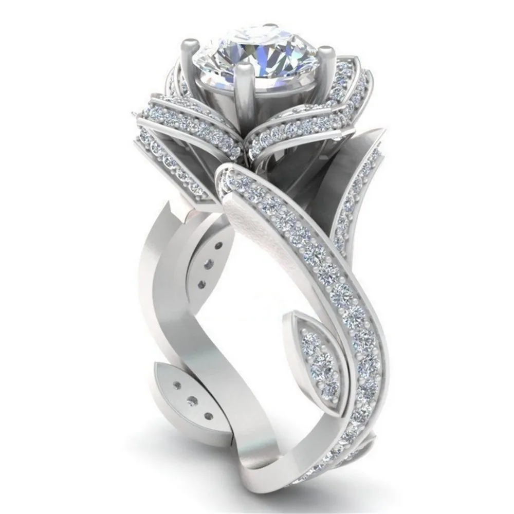 Austrian Crystal Jewelry Cubic Zirconia Rose Flower Wedding Rings Silver Leaf Round Cut Clear Ring Stainless Steel for Women