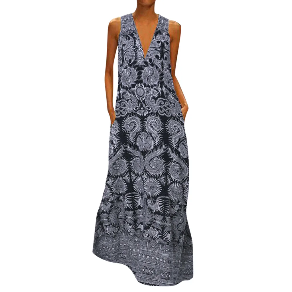 Женское летнее платье больших размеров с принтом, повседневное винтажное богемное Макси платье без рукавов с v-образным вырезом, женская мода, Vestidos M40