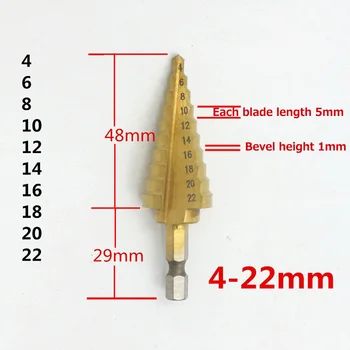 

Tool Drill Step Titanium Speed Coated Steel Cone Hole Cutter 4-22mm High Bit Hex Hex Titanium Step Drill 3 Inch