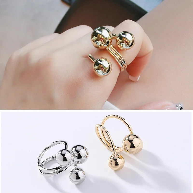 

2019 New Korean Fashion Gold Silver Color Spiral Metal Ball Index Rings For Women Minimalist One Size Irregular Geometric Ring