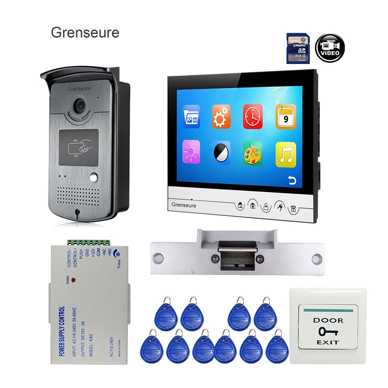 

Free Shipping 9" Color Screen UI Display Video Door Phone Intercom Recording System + RFID Access Doorbell Camera + Strike Lock