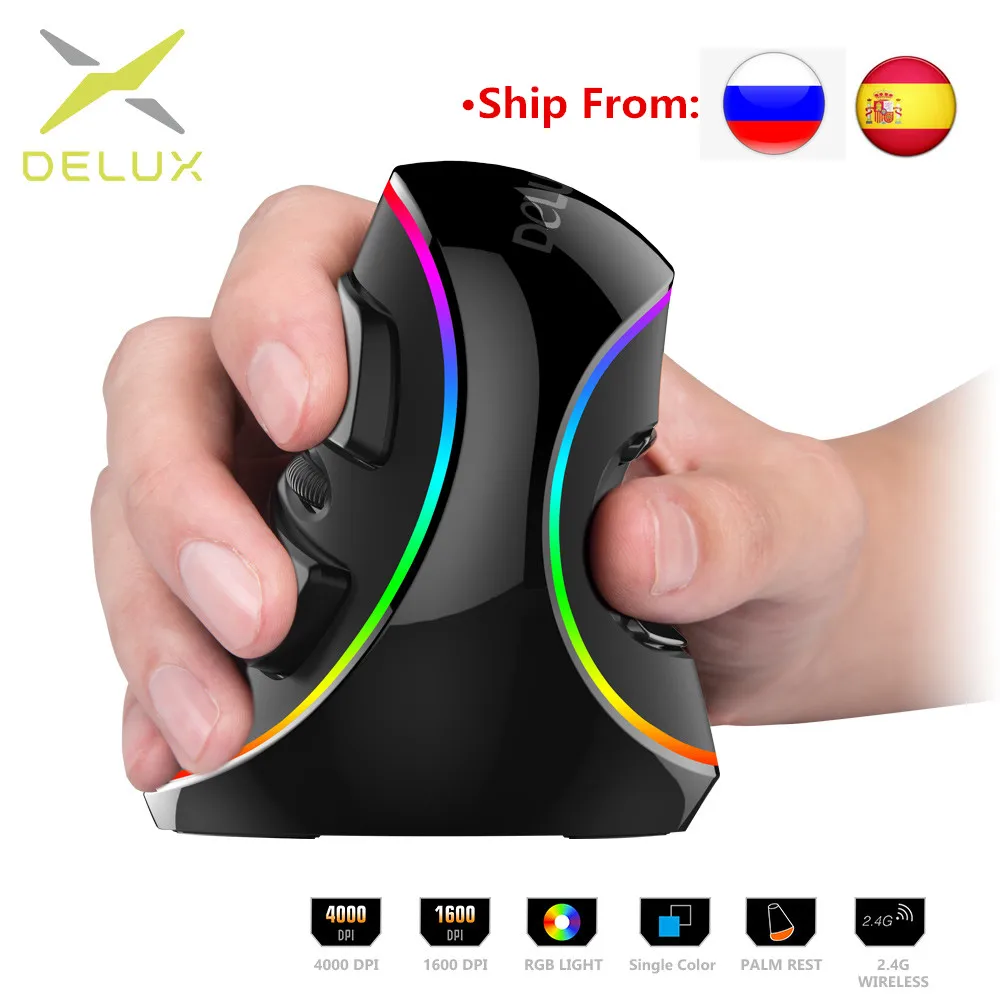 Najtaniej Delux ergonomia pionowa przewodowa mysz do gier RGB pojedynczy kolor bezprzewodowa 6 przycisków 4000 DPI optyczna bezprzewodowa mysz bezprzewodowa RGB