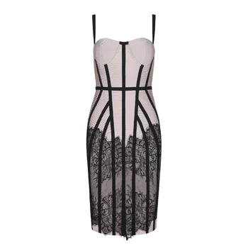 

New Style Fashion Bandage Dress Sexy Women Spaghetti Strap V-Neck Lace Backless Celebrity Body Con Pub Party Dresses Wholesale