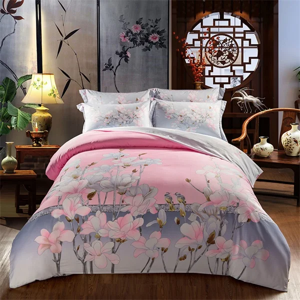 Pink Flowers Daisy Magnolia Cherry Blossoms Bedding Set Queen King Size