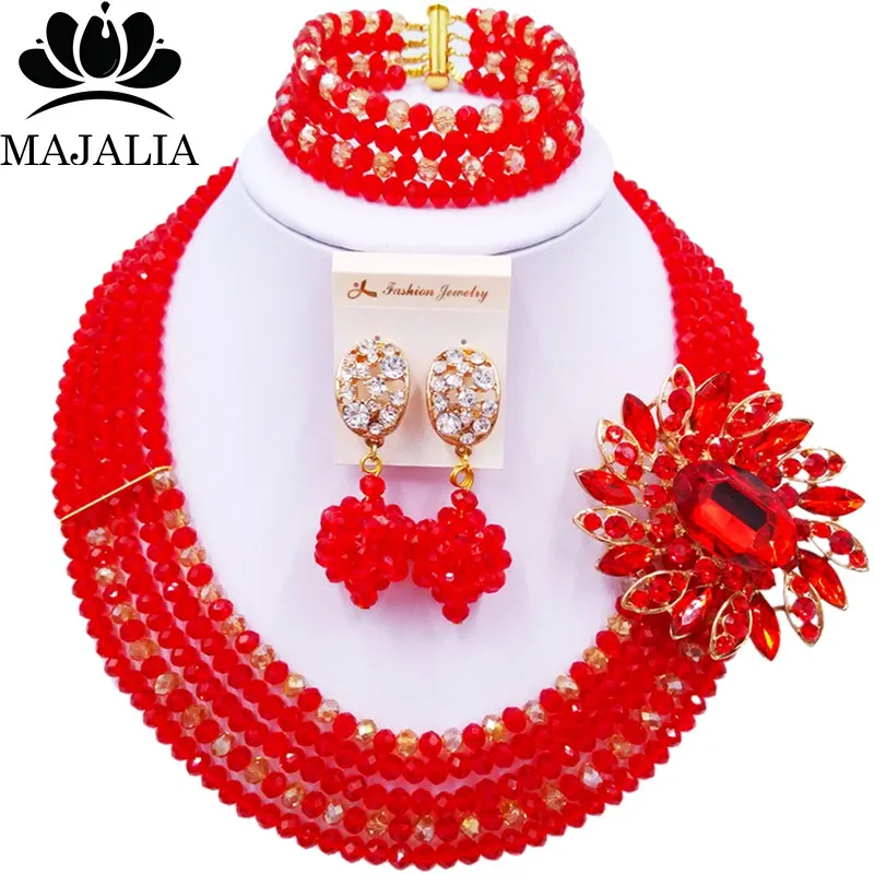 

Majalia Fashion Classic Nigeria Wedding African Beads Jewelry Set Red Crystal necklace Bridal Jewelry Sets 5ST0056