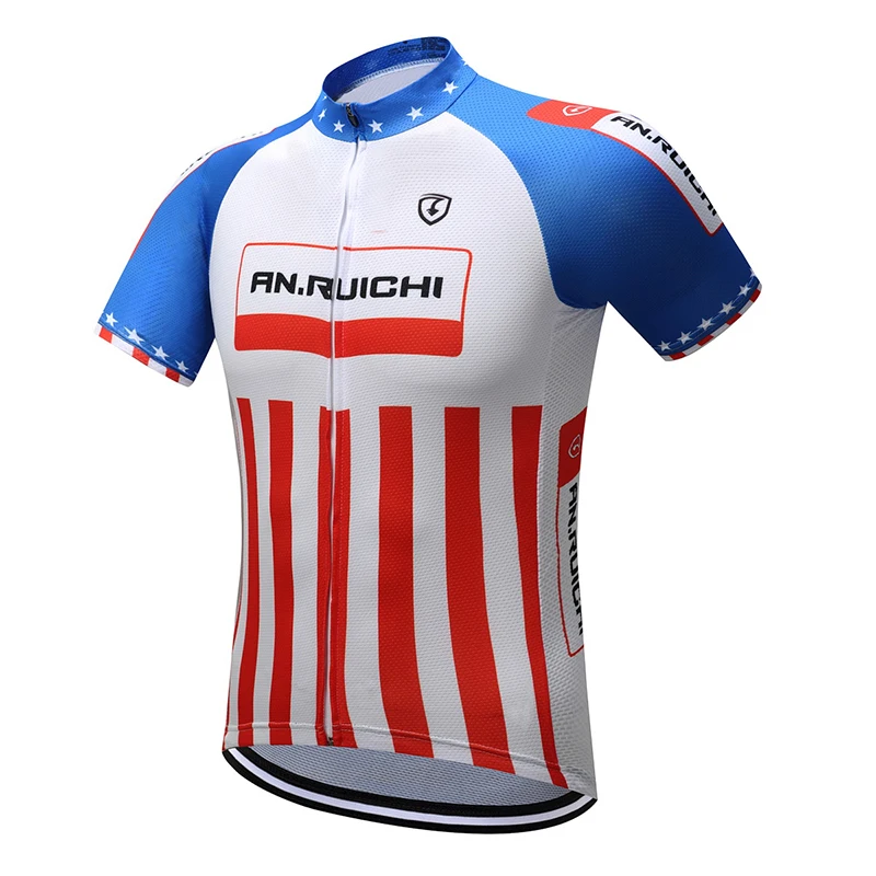 Summer Cycling Jersey Contrast Color Red Stripes Breathable Quick Dry Short Sleeve Riding