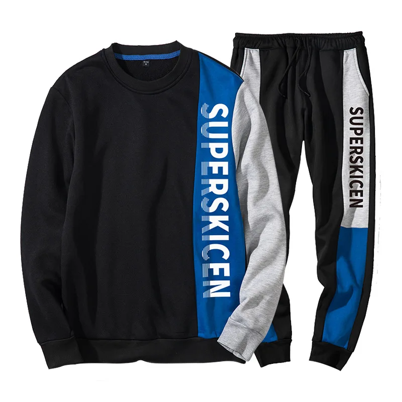 

Tracksuits Men Spring 2019 Letter Print Tracksuit Set Patchwork Sweat Suit Men Hoodies+Pants two pieces set Outwear SportsSuit