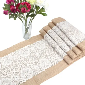 

30*180cm Vintage Burlap White Lace Hessian Table Runner Natural Jute Wedding Decorations AA8001