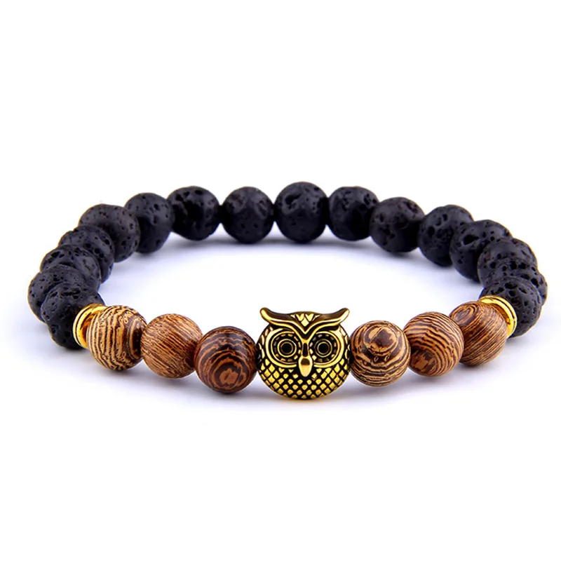 

Design Mens Bracelets 2019 Natural Lava Stone Beaded Owl Bracelet Gold&Sliver Bracelet Homme Jewelry Accessories