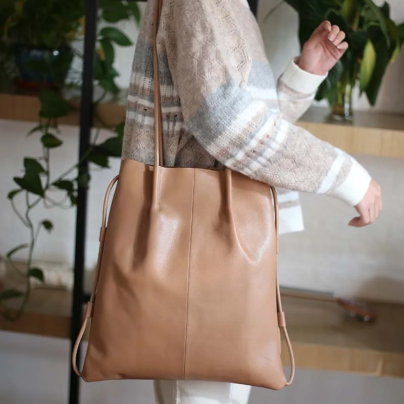 

EUMOAN Large-capacity sheepskin tote bag literary retro handmade Messenger bag simple casual shoulder bag