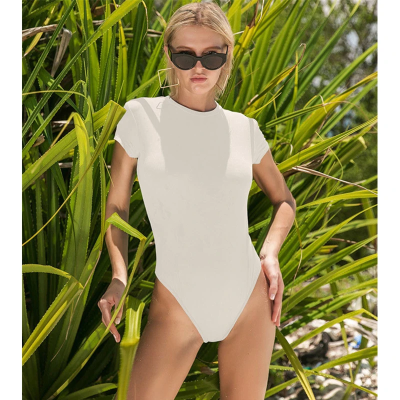 Плюс размер женский купальный костюм короткий рукав цельный бикини Монокини Купальный костюм купальный костюм бикини - Цвет: Белый
