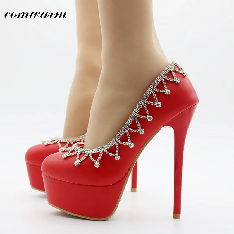 Comwarm Women Basic High Heels Plus Size Rhinestone Tassels Handmade Platform White Red Elegant Round Toe