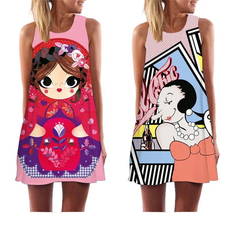 

chuqian Women Summer Short Dress Above Knee Cartoon Print Casual Loose Beach Wear Sleeveless Vest Dress Vestidos De Verano
