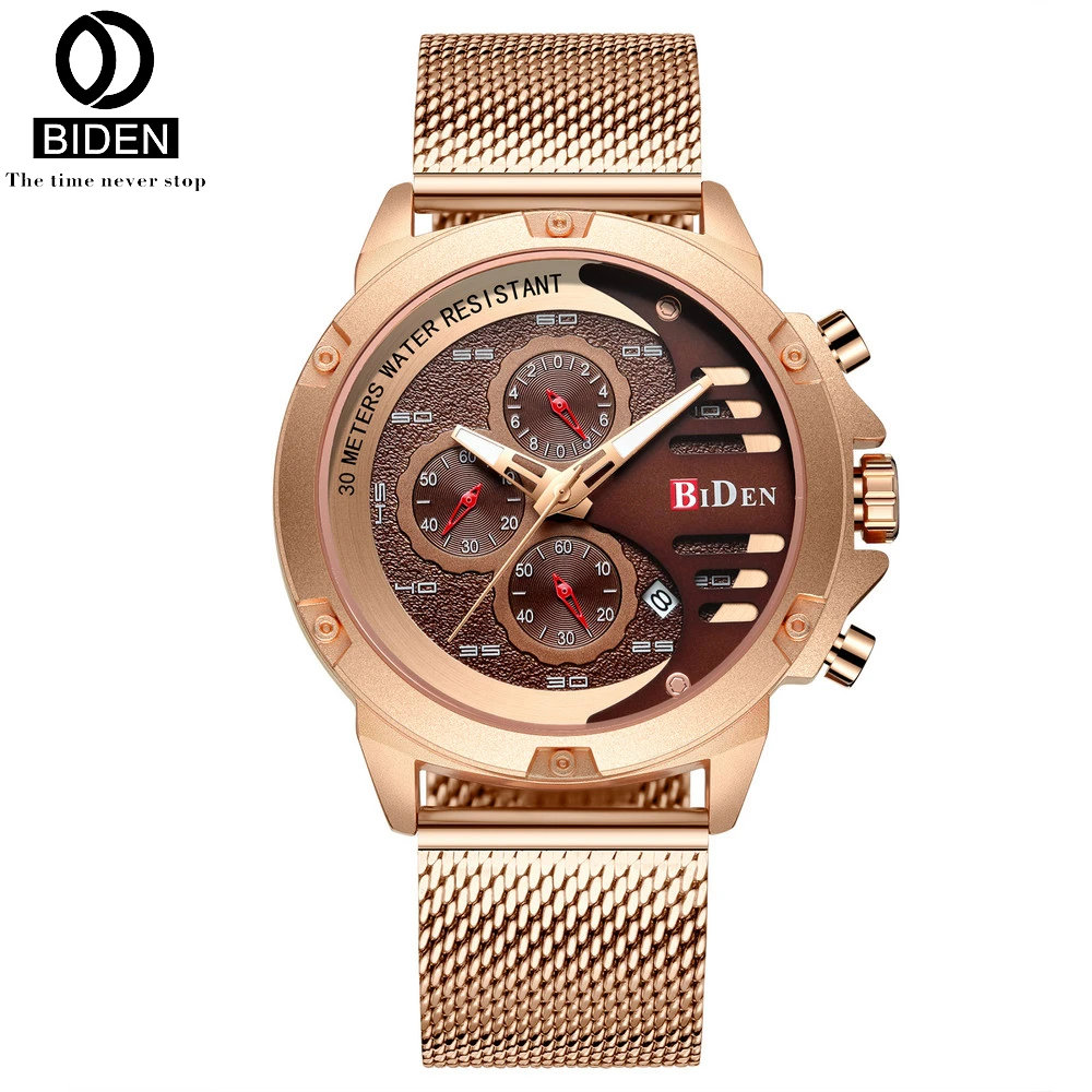 

BIDEN Mens Watches Top Brand Luxury Waterproof 24 hour Date Quartz Watch Man Rose Steel Sport Wrist Watch Men Waterproof Clock
