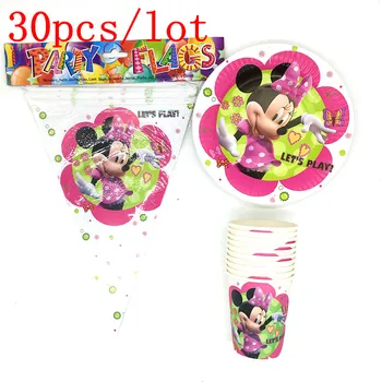 

30PCS Minnie Mouse Cartoon Baby Shower Paper Plates Cups Kids Favors Glass Happy Birthday Party Decoration flags party Supplies