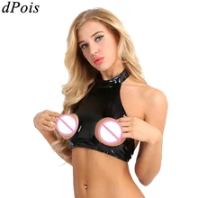 Искусственная кожаное бикини топы для женщин Мода мокрого вида Холтер шеи без рукавов открытый бюст укороченный топ черный сексуальный топы купальники