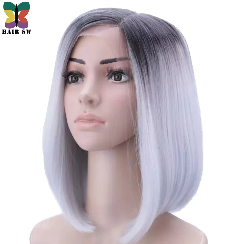 

HAIR SW Short Straight Bob kanekalon Synthetic hair Deep Lace Front Wig Ombre Grey dark root heat resistant for women