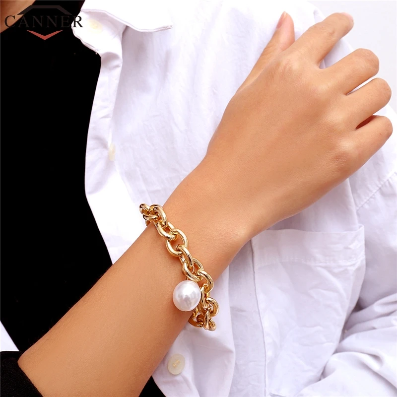 CANNER Fashion Punk Thick Chain Bracelet Gold Imitation Pearl Bracelet for Women Mens Bracelets Jewelry pulsera hombre FI