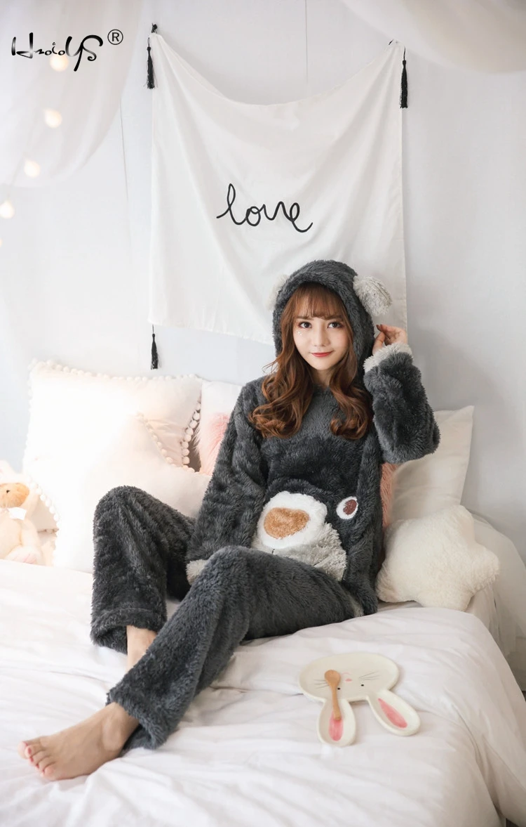 Осень-зима Для женщин Фланелевые пижамы комплект с капюшоном «Медведь», детские пижамы, одежда для сна из кораллового флиса утолщенная теплая Пижама; домашняя одежда