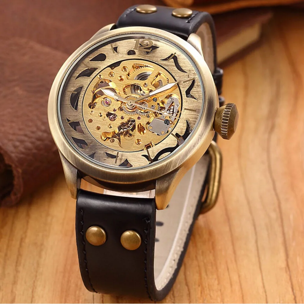 

New Skeleton Watches SHENHUA Steampunk Automatic Skeleton Mechanical Wrist Watch Vintage Bronze Watch For Men Relogio Masculino