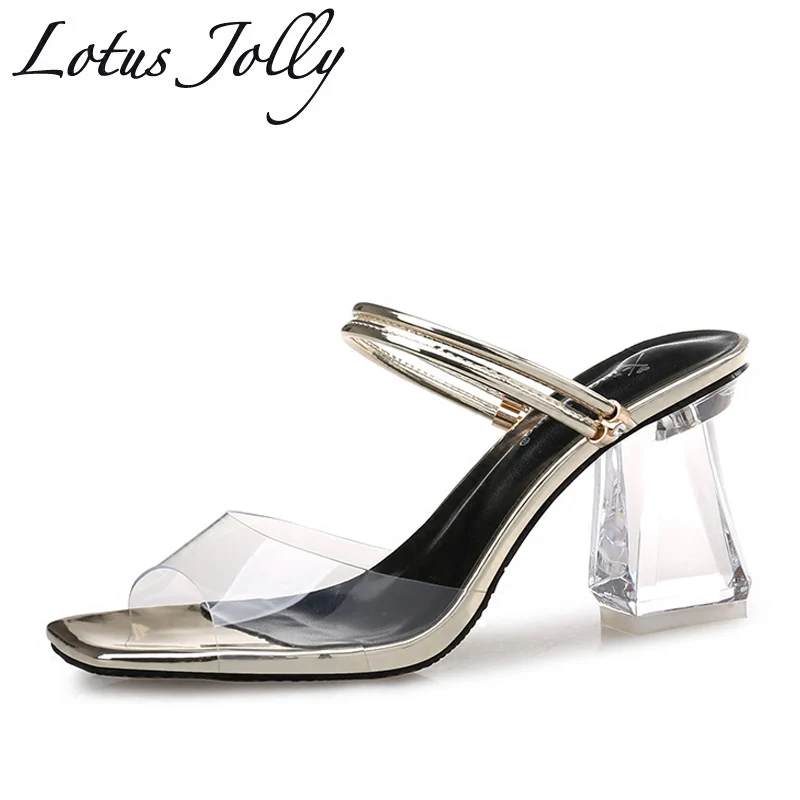 2018 Women Sandals Crystal Summer Slippers Slides High Heels Sexy Clear Transparent Clear Heel 