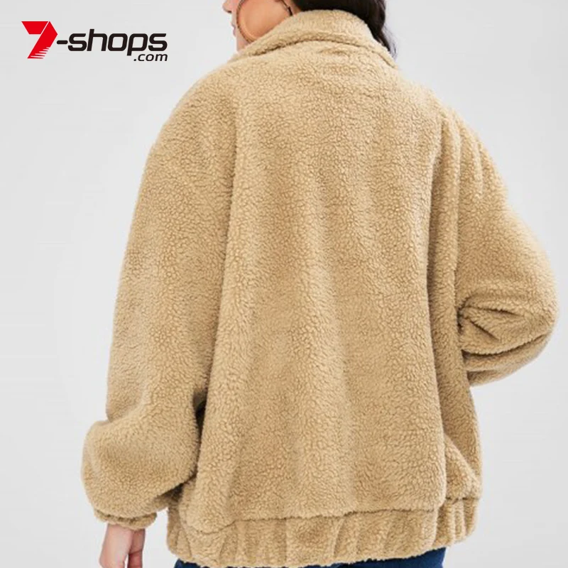Beste Aecu Vrouwen Lange Mouwen Rits Pluche Jas Vrouwelijke Pocket Jas Winter Kleding Oversized Jas Uitloper Jas Voor Vrouwen