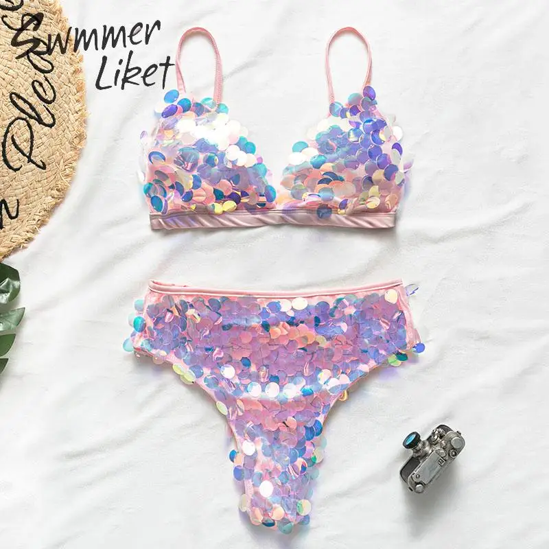 Kaufen Hohe taille badeanzug Pailletten bikini set Push up bademode weibliche Sexy Sommer badenden 2019 Rosa badeanzug frauen Plus größe biquini