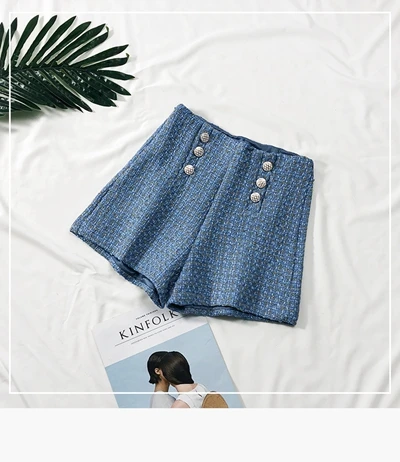 Весенне-осенние двубортные шорты с высокой талией и широкими штанинами для женщин, клетчатые яркие шелковые узкие короткие штаны, женские шорты трапециевидной формы - Цвет: Blue