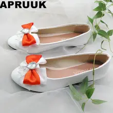 Оранжевый белая бабочка-узел лук Женские нарядные туфли ручной работы из атласной ленты бабочкой леди выпускных вечеров платье ужин вечерние туфли на плоской подошве