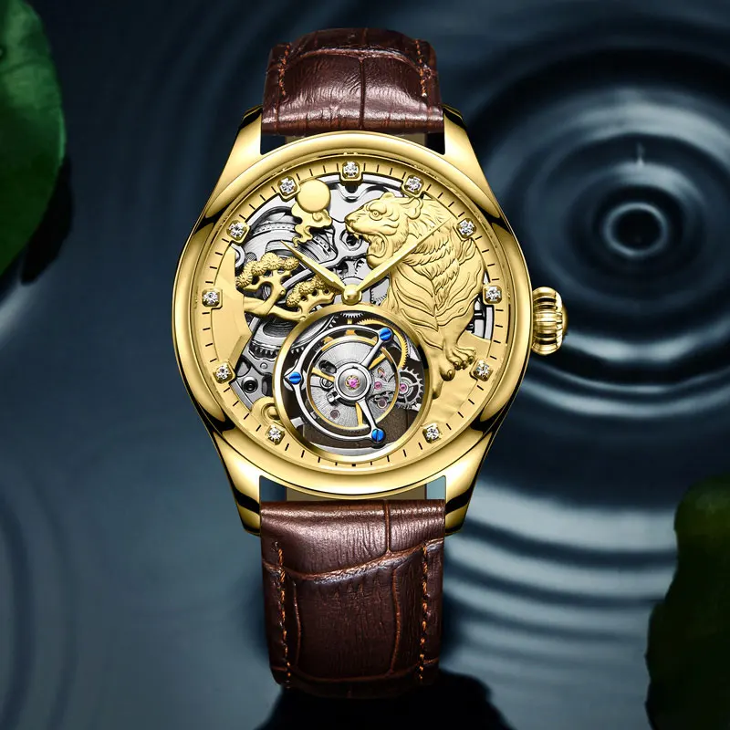 Настоящие Tourbillon, мужские часы,, Копейка, сапфир, тигр, скелет, циферблат, механический, ручная работа, ветер, кожа, мужские, Зодиак, наручные часы, 7016 г - Цвет: Champagne gold