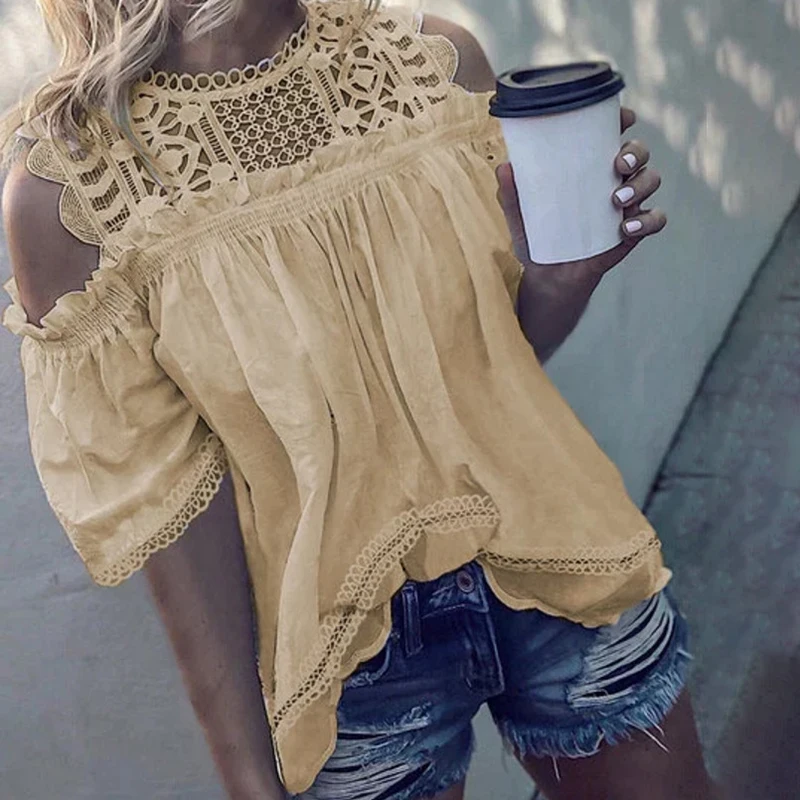 

Half sleeves Tops Blouse Hollow out Lace Summer Casual Vintage Women Ladies