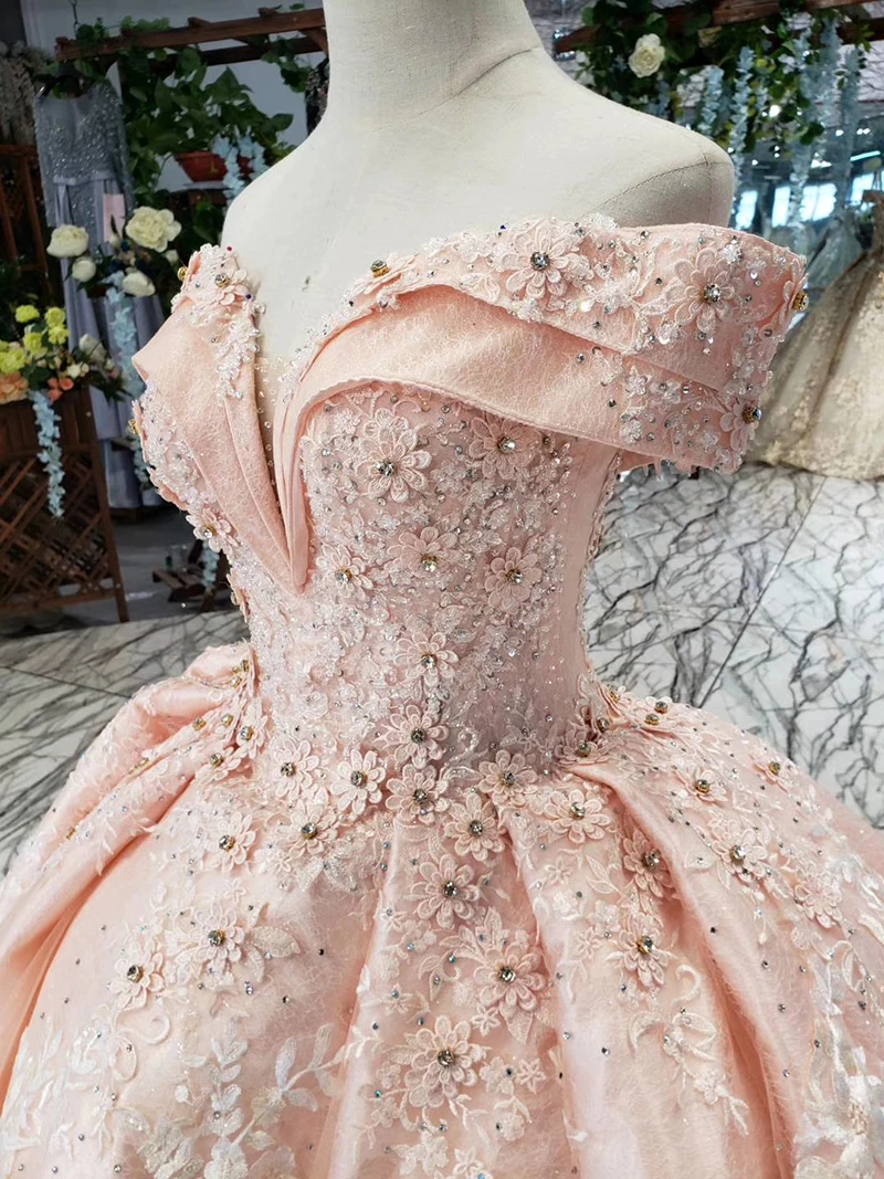 HTL154-2 pink bride dress party brush train off shoulder sweetheart crystal lace evening gown dresses kleider damen abendkleid (4)