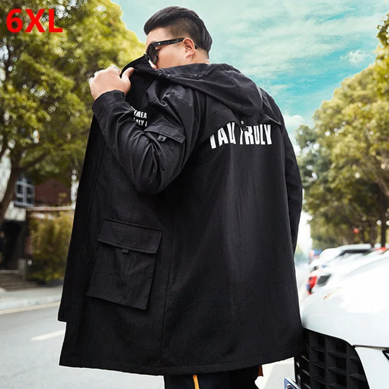 

Spring Men's Jacket Young High Fatty oversized Long Windbreaker Hooded Korean Casual Tide big size Trench 7XL