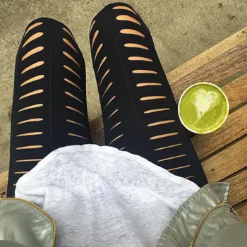

Women Fitness Leggings High Waist Solid Black Long Leggings Summer Hole Trousers