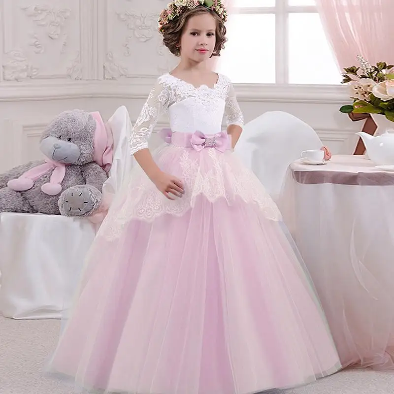 

2018 European American Style Girls Backless Floor-Length Lace Gown Long Dress Girls Seven Quarter Sleeves Princess Wedding Dress