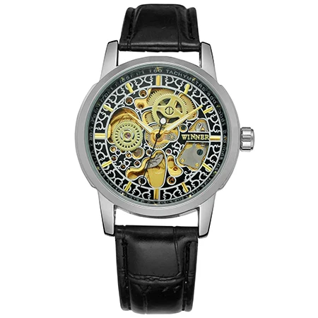 WINNER официальный Повседневный скелет для мужчин и женщин часы лучший бренд класса люкс автоматические механические модные кожаные ремешок женские наручные часы - Цвет: BLACK