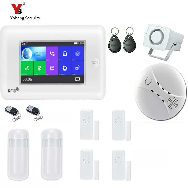 

Yobang Security WiFi Alarm System For Home GSM 4.3inch Full Touch Screen Android IOS APP Control With Smoke Fire Sensor Detector